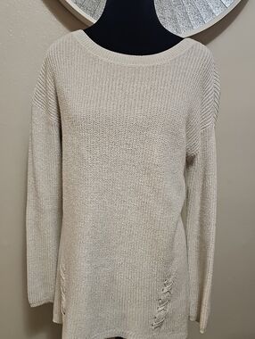 a.n.a Cream Lace-Up Hem Crewneck Sweater